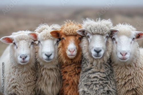 A charming portrait of four different breeds of sheep huddled together, showcasing their distinct wool and features