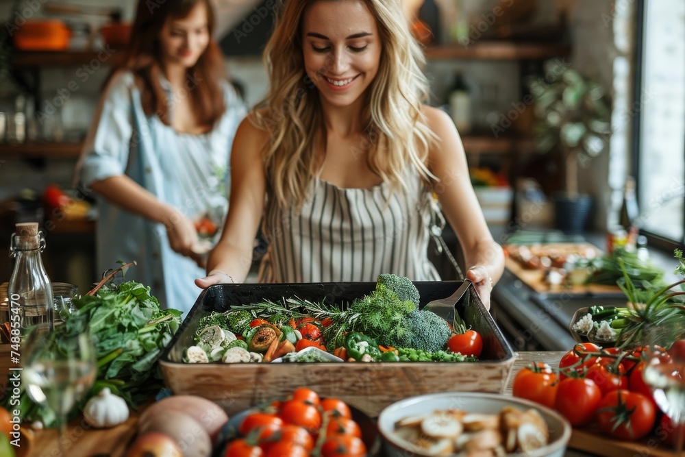 Two women are joyfully preparing a variety of fresh vegetables on a kitchen counter Two women are joyfully preparing a variety of fresh vegetables on a kitchen counter