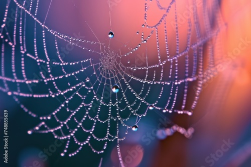 Dew drops glistening on spider web in golden morning light © KrikHill