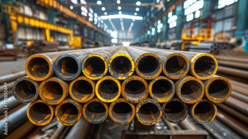 Stack of steel pipes in a metallurgical plant, factory or workshop. Heavy industry and iron materials,generative ai © LomaPari2021
