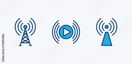 Set of antenna tower icon. Wireless radio signal tower containing broadcast, communication, transmitter, station, network receiver. Vector illustration