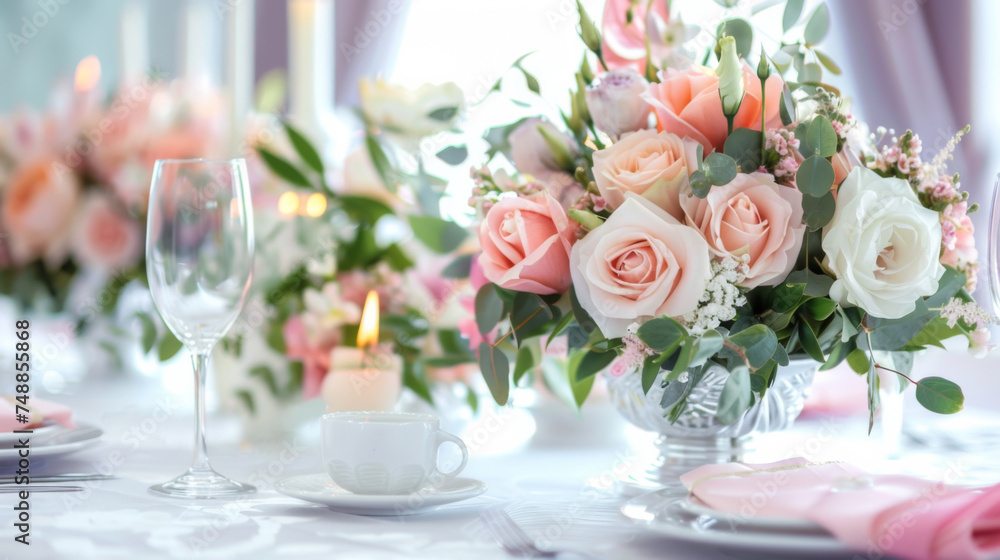 A table with a vase of flowers and wine glasses. The table setting is elegant and sophisticated, with a clear glass vase filled with pink and white flowers as the centerpiece A table with a vase of flowers and wine glasses. The table setting is elegant and sophisticated, with a clear glass vase filled with pink and white flowers as the centerpiece
