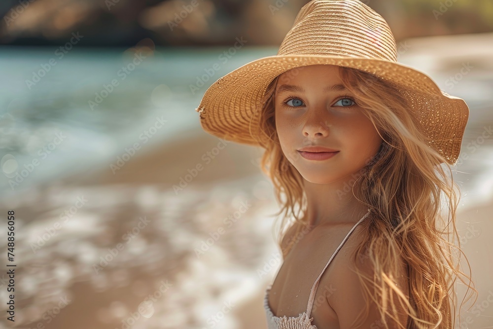 Young girl in a straw hat looking serenely at the camera on a sunny beach