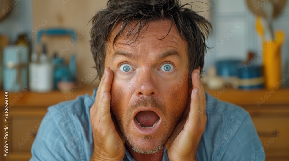Surprised Man in Kitchen, Man with Open Mouth in Kitchen, Kitchen Scene with Surprised Man, Astonished Guy in the Kitchen. Surprised Man in Kitchen, Man with Open Mouth in Kitchen, Kitchen Scene with Surprised Man, Astonished Guy in the Kitchen.