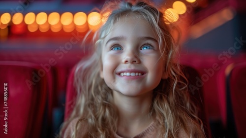 Smiling Girl in Theater Seat, Little Girl with Blue Eyes and Pink Sweater, Theatergoer with a Smile on Her Face, A Young Child Enjoying the Movie Theater Experience. photo