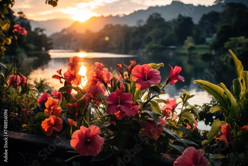 The sun is setting on the horizon, casting a warm glow over the water and a field of blooming flowers