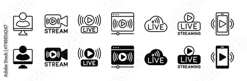 Live streaming broadcast online icon set. Containing video, camera, play, media, mobile, player, movie and cinema. Vector illustration