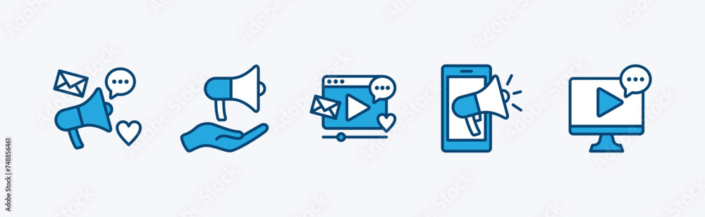 Set of social media icon. Megaphone, device and loudspeaker. Containing promotional, marketing, public, communication. Vector illustration Set of social media icon. Megaphone, device and loudspeaker. Containing promotional, marketing, public, communication. Vector illustration