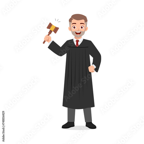 man wearing judge costume and holding gavel hammer