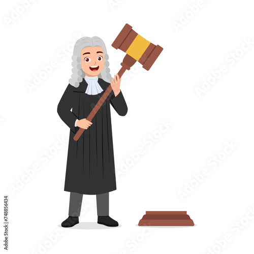 man wearing judge costume and holding gavel hammer