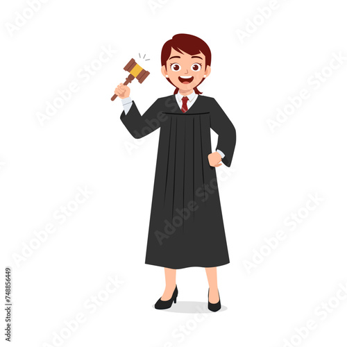woman wearing judge costume and holding gavel hammer