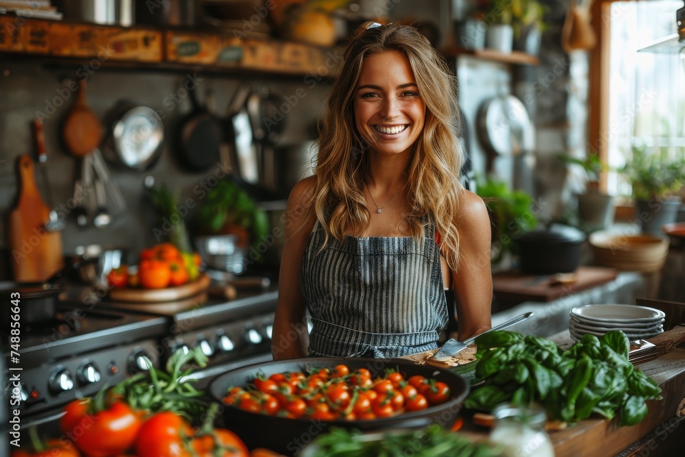A radiant young woman cooking in a rustic kitchen, holding a pan filled with fresh cherry tomatoes