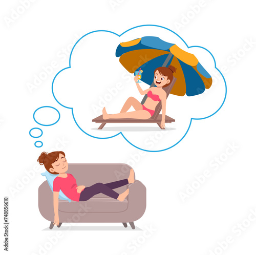 woman sleep on sofa and dreaming about vacation