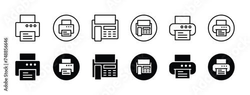 Print icon set. Printer and fax icon button. Containing printout, paper, machine, document in the office. Vector illustration photo
