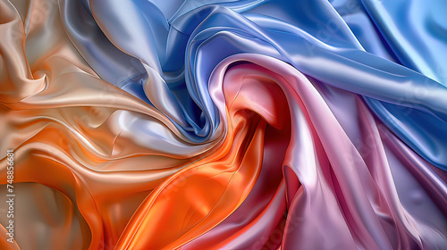 A dynamic and flowing composition in satin fabric, with vibrant shades of orange, pink, gob and blue, creating a feeling of luxury and movement. Multi-colored background. photo