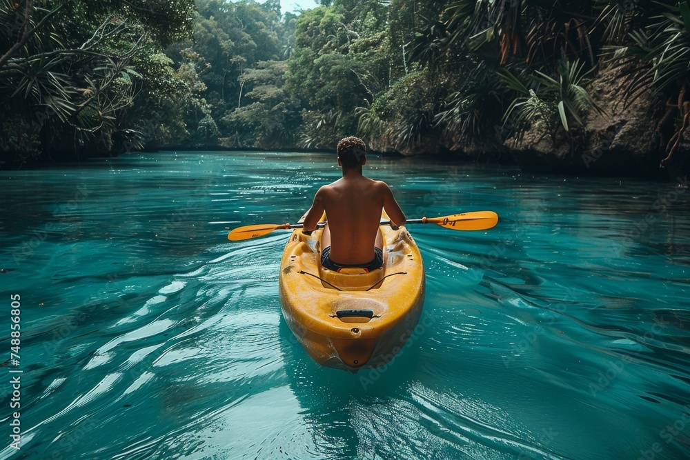 An adventure seeker paddles through the lush, tropical waters in a yellow kayak, exploring the serene environment