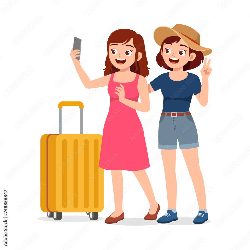 young woman and friend standing and ready for vacation young woman and friend standing and ready for vacation