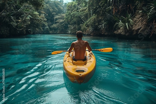 An adventure seeker paddles through the lush, tropical waters in a yellow kayak, exploring the serene environment © svastix