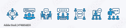 Set of speaking or communication icon. Containing group, chat speech bubble, meeting, discussion, conversation, talking, online video conference. Vector illustration