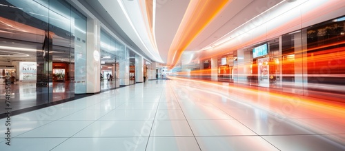 A hallway inside a building captured in a long exposure shot, showing blurred movement of people passing by. The architecture of the hallway is visible,