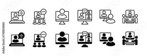 Video conference icon set. Digital communication icons. Containing group, meeting, chat speech bubble, discussion, conversation, talking, course, webinar, presentation. Vector illustration