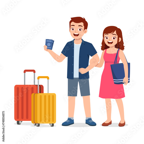 young couple standing and ready for vacation