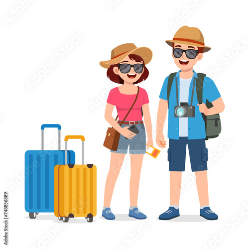 young couple standing and ready for vacation