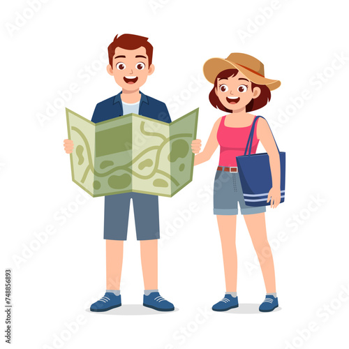 young couple holding map looking for travel place