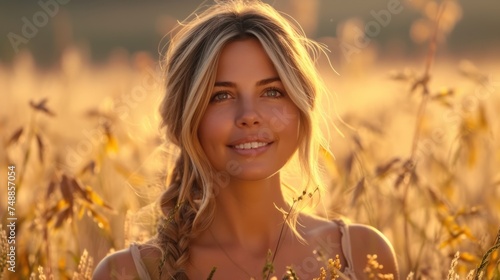 Golden Fields, Warm Sunshine, Nature's Beauty, Smiling in the Field of Flowers. photo