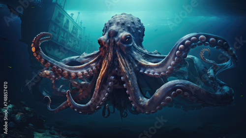 Giant Octopus in underwater. Kraken monster and sunken ship in deep ocean with mystic atmosphere photo