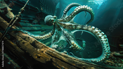 Giant Octopus in underwater. Kraken monster and sunken ship in deep ocean with mystic atmosphere © Shaman4ik