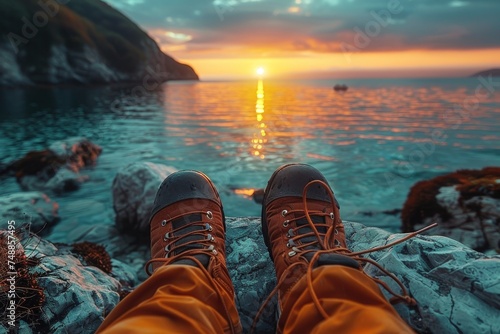 A traveler takes a break to admire the sunset over the sea, with the focus on their hiking boots