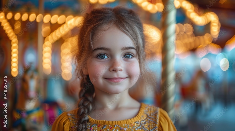 Fototapeta premium Smiling Little Girl on a Carousel, A Happy Child Riding a Merry-Go-Round, Little Girl Enjoying the Carnival Ride, Carousel Fun with a Smiling Child.
