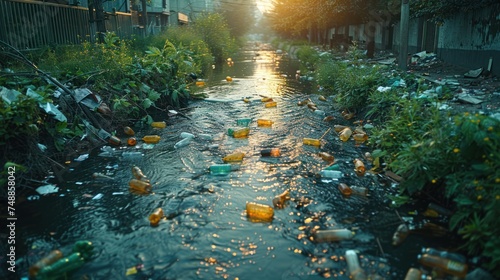 Litter in Waterways as problems for environment. Refuse in storm drains. Waste Plastic bottle for recycling and re-use. Reduce garbage.