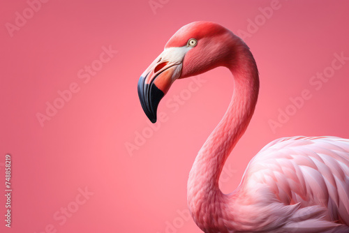 Colorful Exotic Beauty: A Close-Up Portrait of a Pink Flamingo, showcasing its Elegant Profile and Bright Plumage against a Blue Caribbean Background. © SHOTPRIME STUDIO
