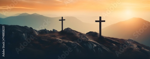 Cross Silhouettes on Mountain Peak at Dawn: Symbolizing Hope and Faith. Concept Nature, Silhouette, Mountain Peak, Dawn, Hope