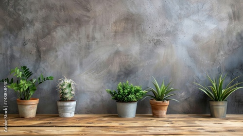 wooden table mockup background , add some plants, stylish, 45 angle facing to table