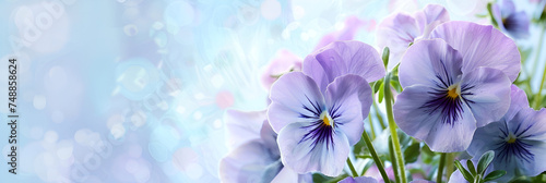 Frame with  blue pansies flowers on  pastel blur bokeh  background. Background for  banner  wedding greeting card  St Valentines  Women s  Mothers day. copy space