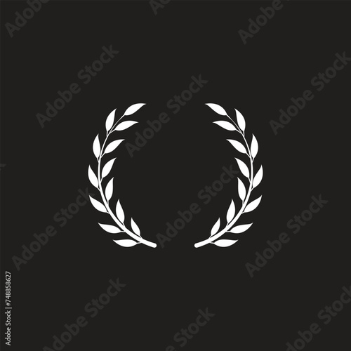  black silhouette circular laurel foliate, wheat and oak wreaths depicting an award, achievement, heraldry, nobility on white background. 