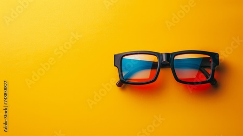 3d glasses on yellow background. Entertainment. Top view 
