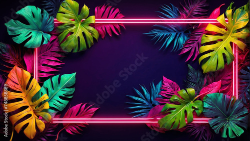 Summer background with tropical orchid flowers and green tropical palm leaves on green background. Flat lay, top view. Summer party backdrop