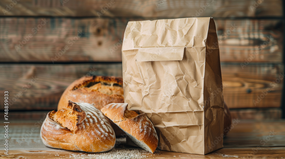 Artisanal Breads in Recyclable Paper Bags on Rustic Wood