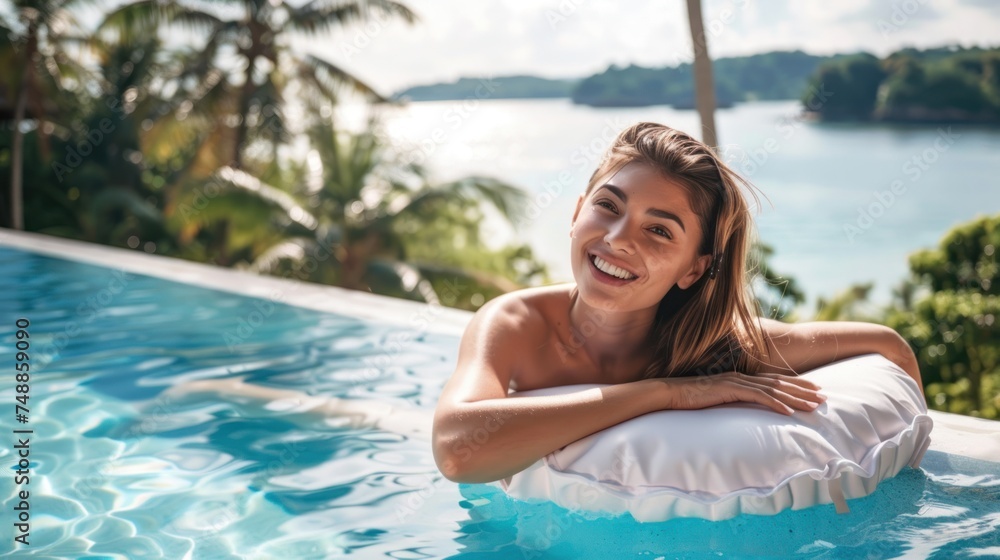 smiling woman lying on an air mattress in a swimming pool - luxury villa