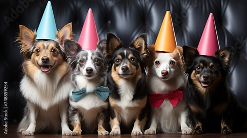 Group of cute dogs in party hats on color background