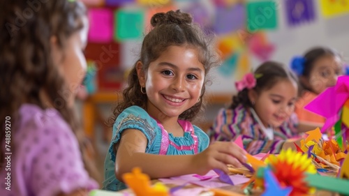 Children participating in a Cinco de Mayo craft workshop, creating colorful and paper picado decorations