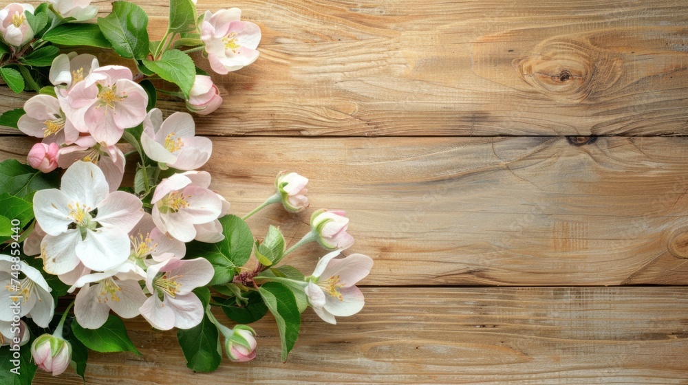 Spring apple blossoms flowering branch on wooden background Spring apple blossoms flowering branch on wooden background