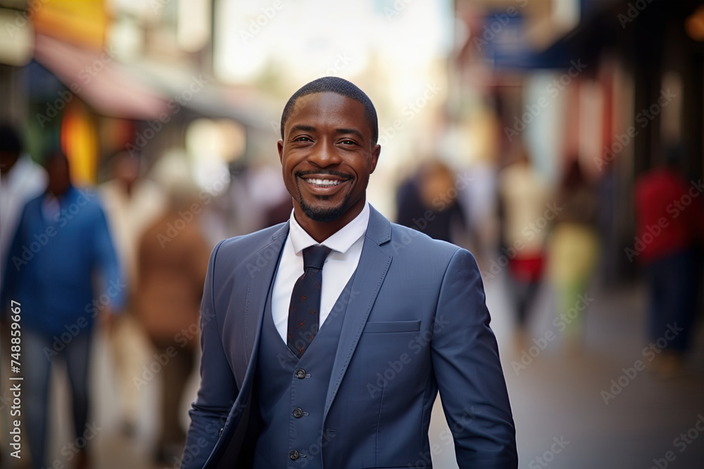 A street portrait of an optimistic confident smiling black businessman with white teeth, a small neat beard, mustache, and an elegant suit walking down the street A street portrait of an optimistic confident smiling black businessman with white teeth, a small neat beard, mustache, and an elegant suit walking down the street