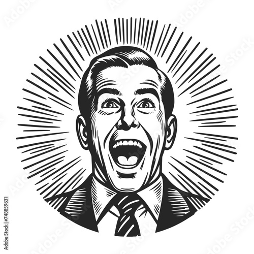 Ecstatic overjoyed happy businessman, vintage classic retro style. Gentleman sketch engraving generative ai fictional character vector illustration. Scratch board imitation.