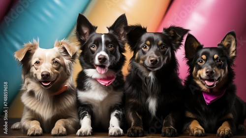 Group of cute dogs in party hats on color background