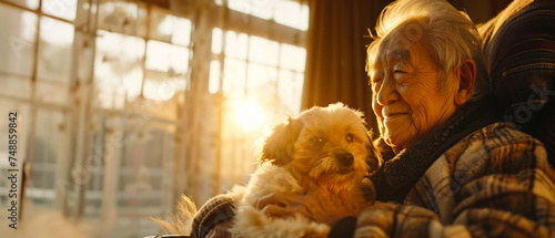 Serene photo of a senior person in a wheelchair sharing a calming moment with their dog on a balcony at sunset